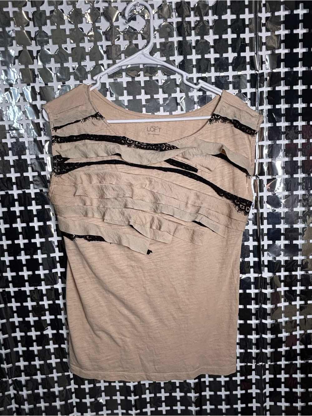 LOFT Beige Sleeveless Ruffle Camisole with Black Lace Trim
